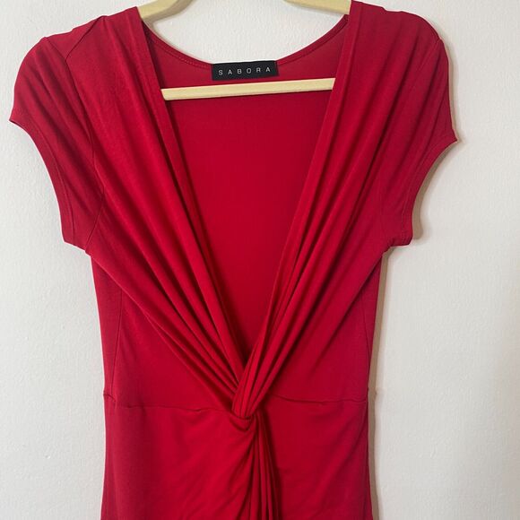Sabora Crimson Red Sexy Deep-V Twist Front Cap Sleeve Bodycon Maxi Dress Medium - Picture 6 of 10